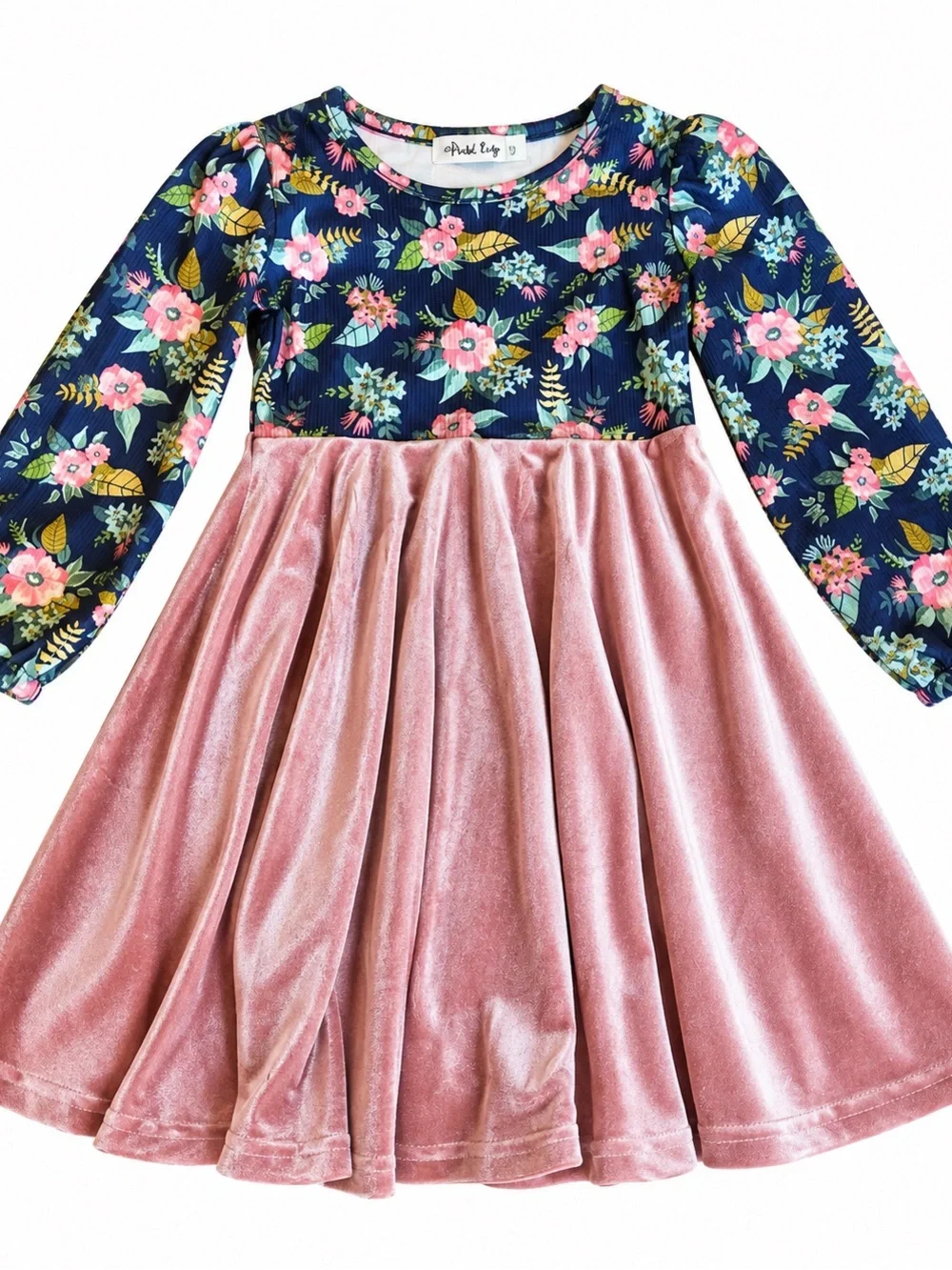Orchid Lane Navy Floral Top with Pink Velvet Skirt Girls' Dress